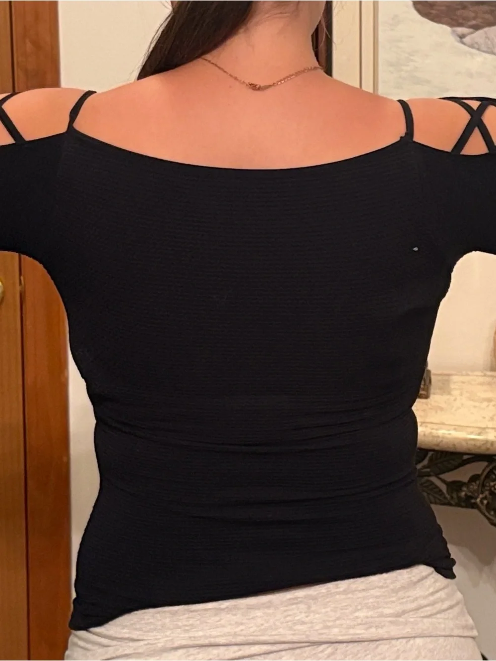 Free People Intimately Black Cold Shoulder Lattice Sleeve Top M/L